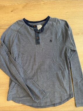Original Penguin Men's Long Sleeve Henley - Slate Blue with Navy Trim Medium